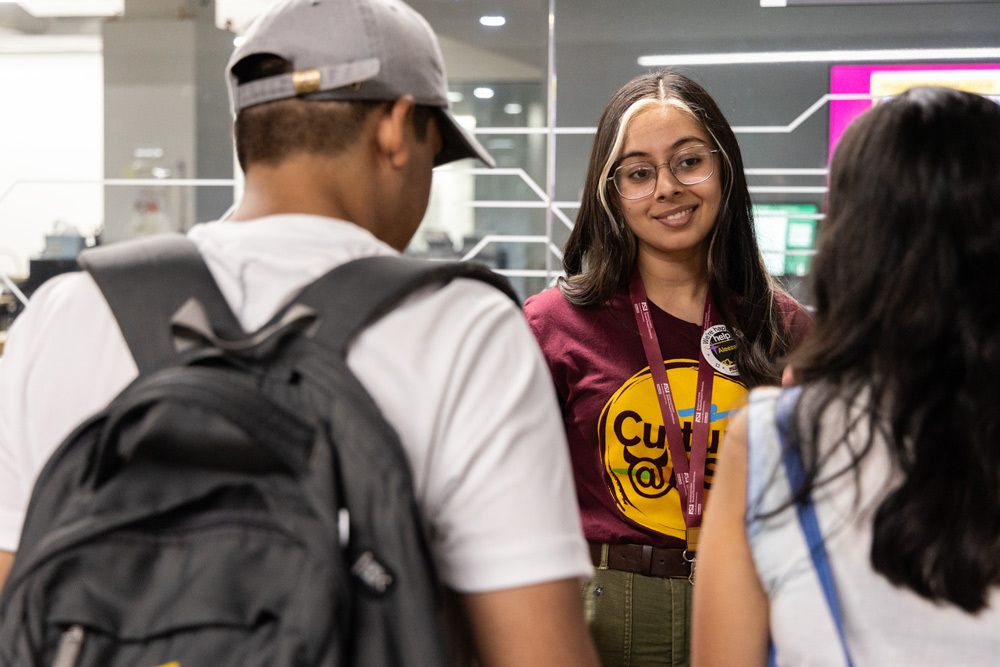 Student worker talking