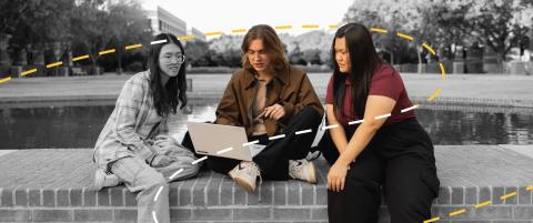 Students outdoor looking at laptop